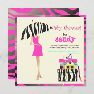 HIP MAMA, SILVER PINK ZEBRA BABY SHOWER INVITES