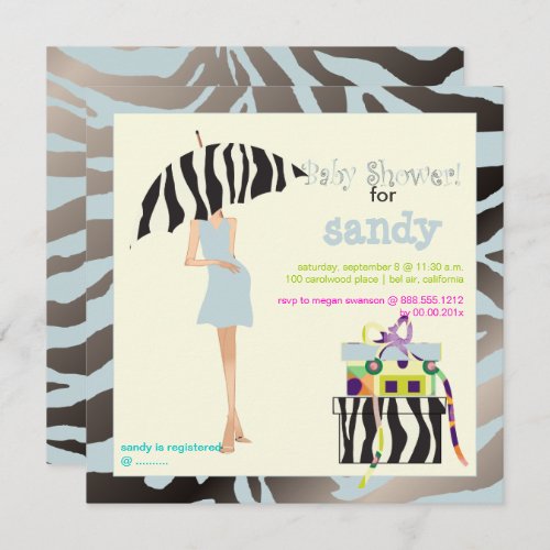 HIP MAMA SILVERY BLUE ZEBRA BABY SHOWER INVITES