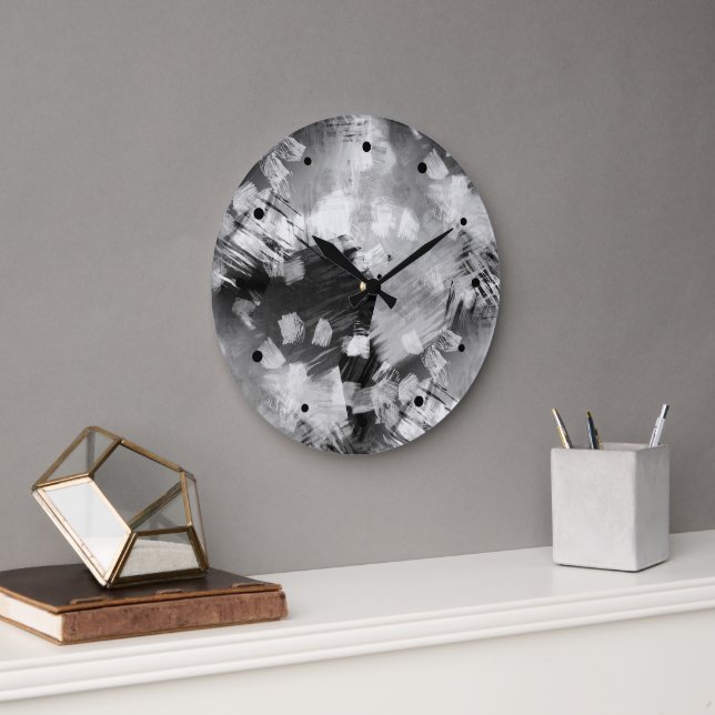 Hip Modern Black Gray White Abstract Geometric Art Large Clock (Office)
