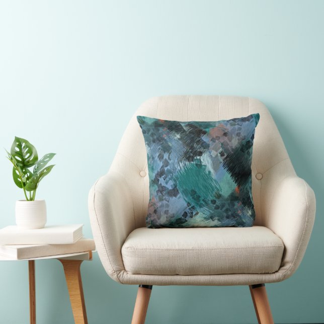 Hip Modern Teal Green Violet Blue Brushstrokes Art Throw Pillow (Chair)