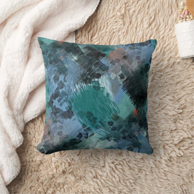 Hip Modern Teal Green Violet Blue Brushstrokes Art Throw Pillow (Blanket)