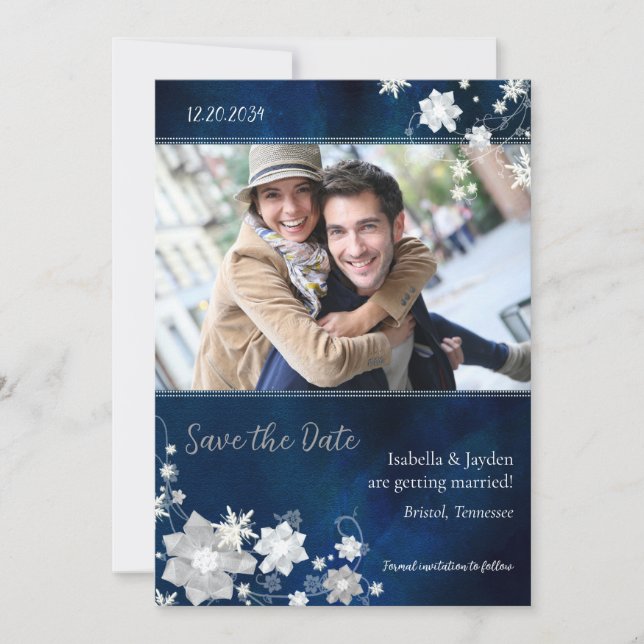 Hip Navy Blue Winter Photo Wedding Save the Date (Front)