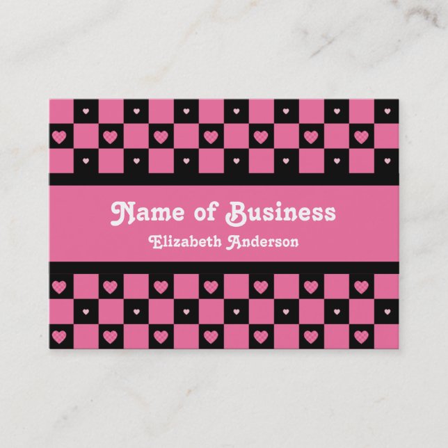 Hip Pink and Black Hearts Stylish Checker Pattern Business Card (Front)