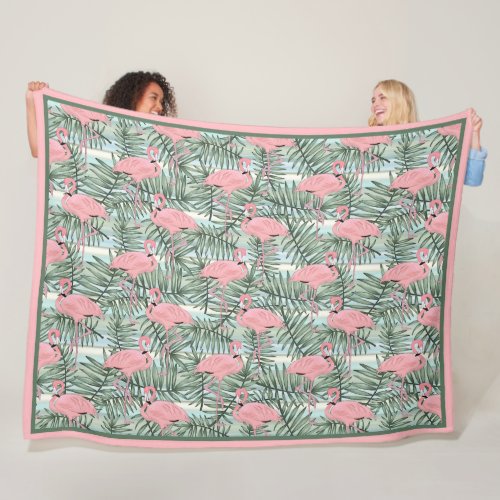 Hip Pink Flamingoes Cute Palm Leafs Art Pattern Fleece Blanket