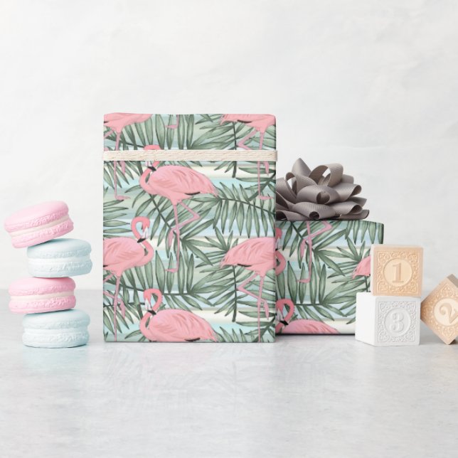Hip Pink Flamingoes Cute Palm Leafs Art Pattern Wrapping Paper (Baby Shower)