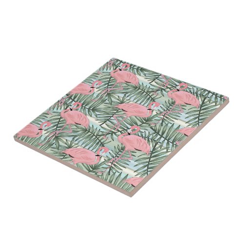 Hip Pink Flamingoes Cute Palm Leafs Pattern Ceramic Tile