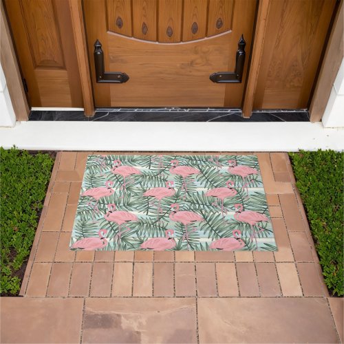 Hip Pink Flamingoes Cute Palm Leafs Pattern Doormat