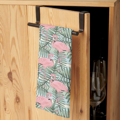Hip Pink Flamingoes Cute Palm Leafs Pattern Kitchen Towel