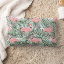 Hip Pink Flamingoes Cute Palm Leafs Pattern Lumbar Pillow