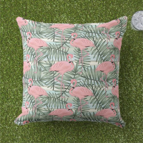 Hip Pink Flamingoes Cute Palm Leafs Pattern Outdoo Outdoor Pillow
