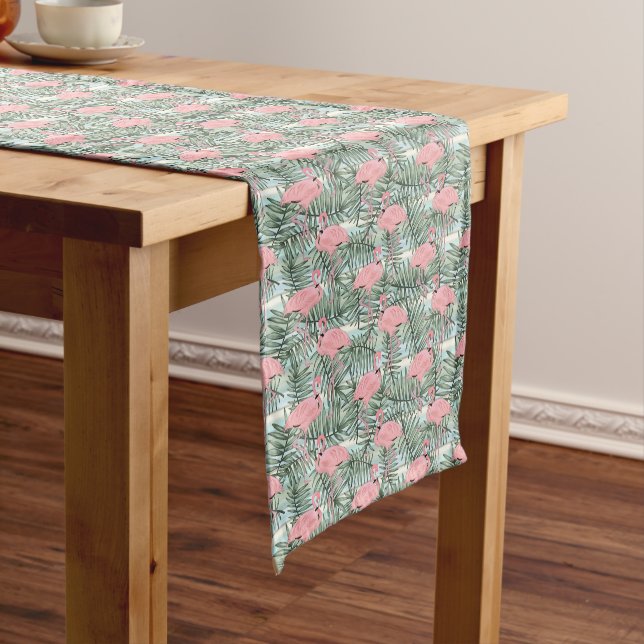 Hip Pink Flamingoes Cute Palm Leafs Pattern Short Table Runner (In Situ)
