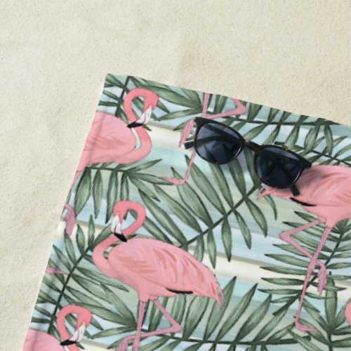 Hip Pink Flamingoes Palm Leafs Art Pattern Beach Towel