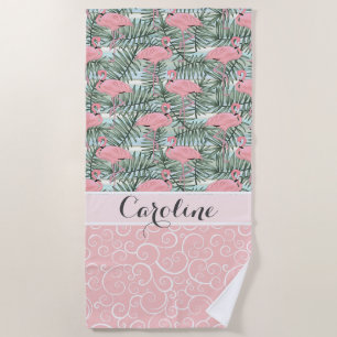 Hip Pink Flamingoes Palm Leafs Pattern Custom Beach Towel