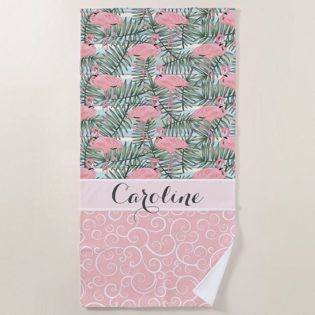 Hip Pink Flamingoes Palm Leafs Pattern Custom Beach Towel (Front)