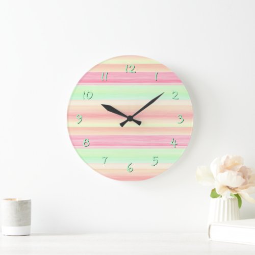 Hip Pink Mint Green Watercolor Stripes Pattern Large Clock