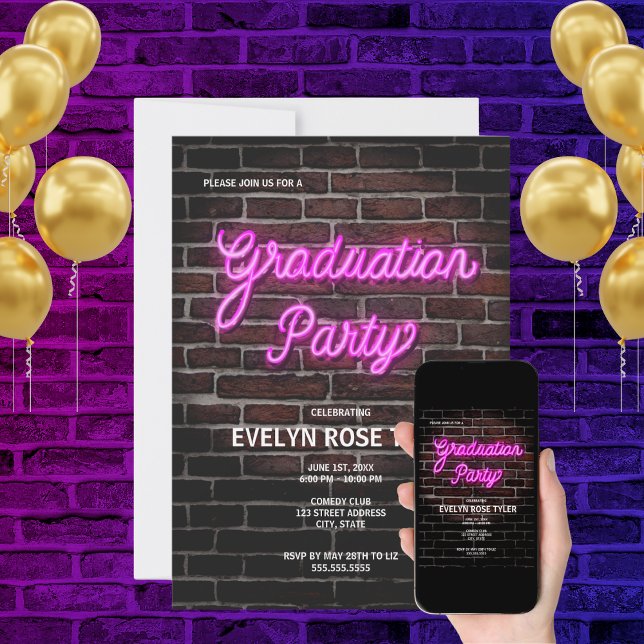 Hip Pink Neon Sign Graduation Party Invitation (Creator Uploaded)