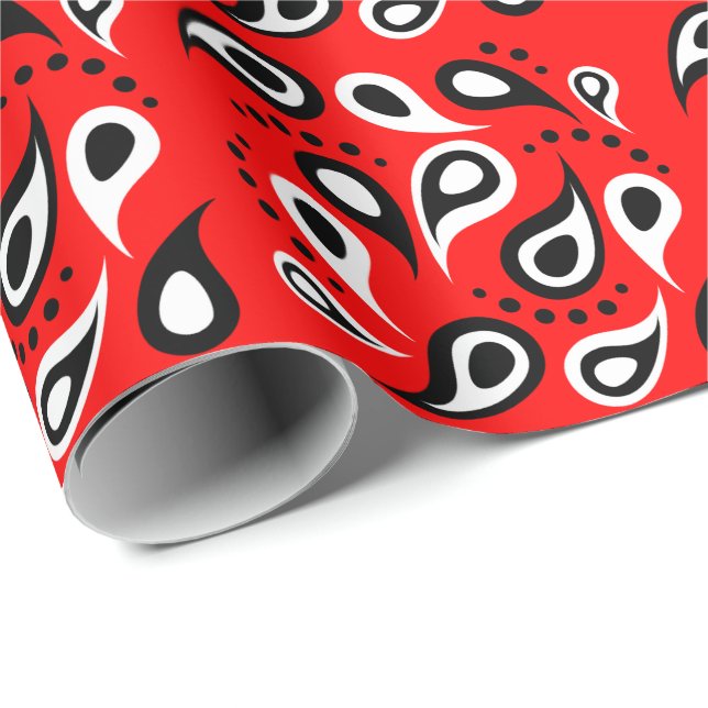 Hip Red Bandana Print Black White Paisley and Dots Wrapping Paper (Roll Corner)