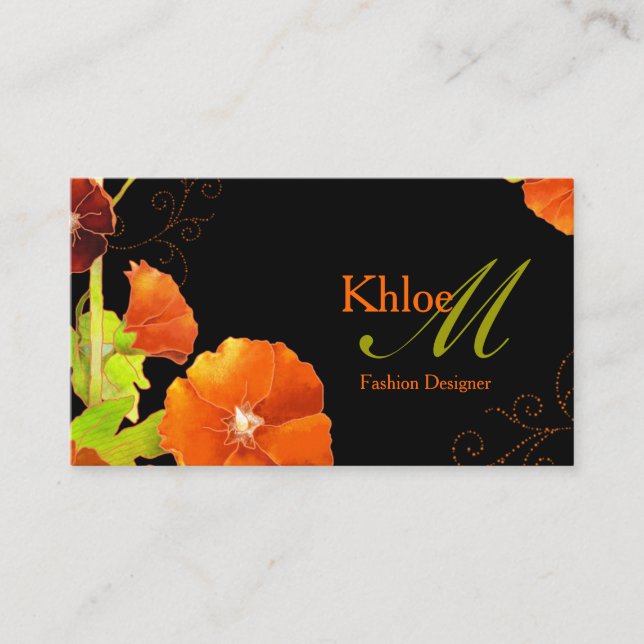 Hip Red Hollyhocks Black Monogram Business Card (Front)