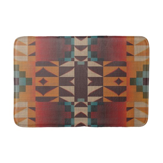 Hip Red Orange Dark Brown Teal Blue Art Mosaic Bathroom Mat Zazzle Com