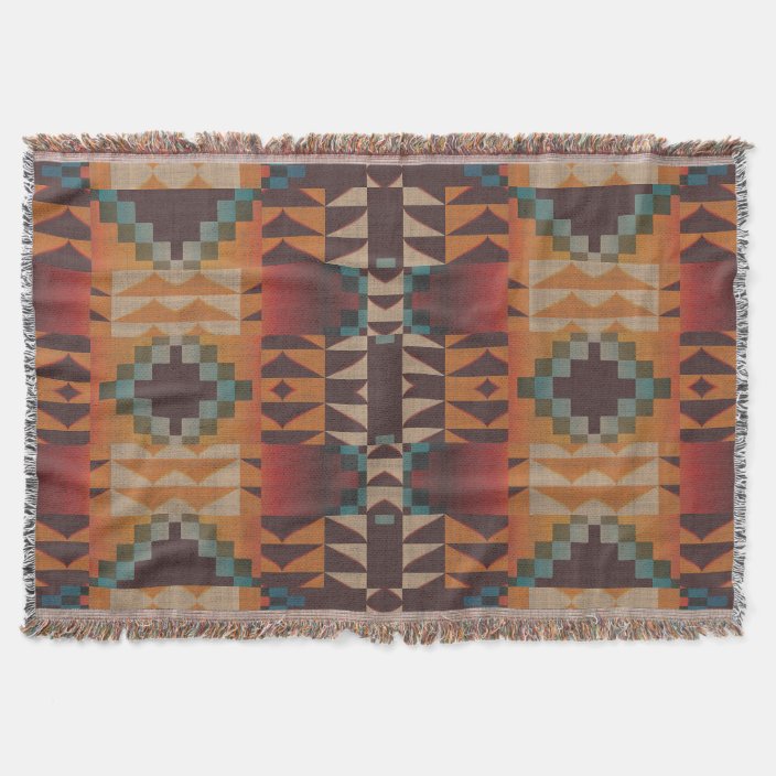 Hip Red Orange Dark Brown Teal Blue Art Mosaic Throw Blanket Zazzle Com