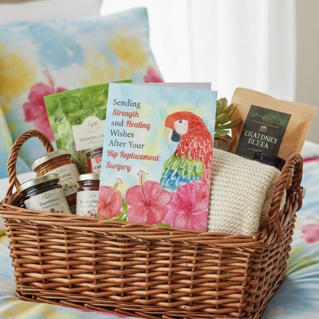 Hip Replacement Healing Scarlet Macaws, Hibiscus Card (Creator Uploaded)