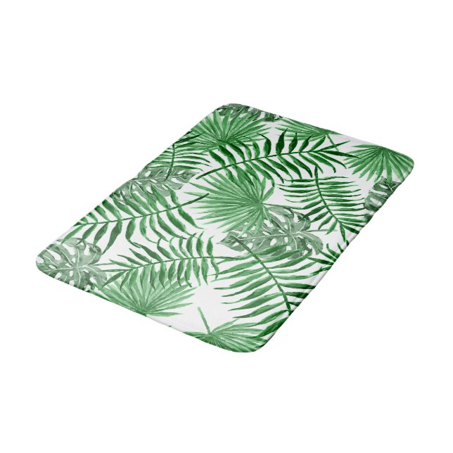 Hip Retro Tropical Green Palm Leafs Pattern Bathroom Mat (Angled)