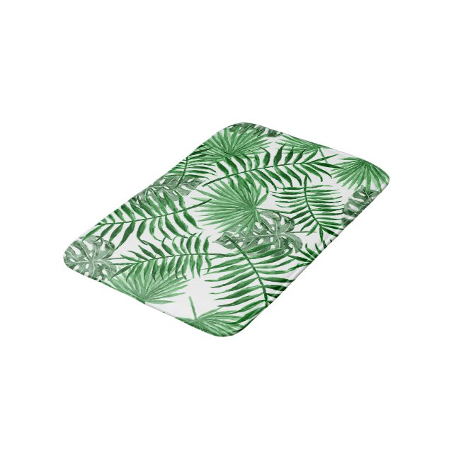 Hip Retro Tropical Green Palm Leafs Pattern Bathroom Mat (Angled)