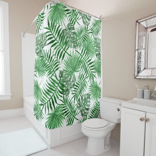 Hip Retro Tropical Green Palm Leafs Pattern Shower Curtain