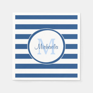 Hip Rich Blue Monogram and Horizontal Stripes Paper Napkins