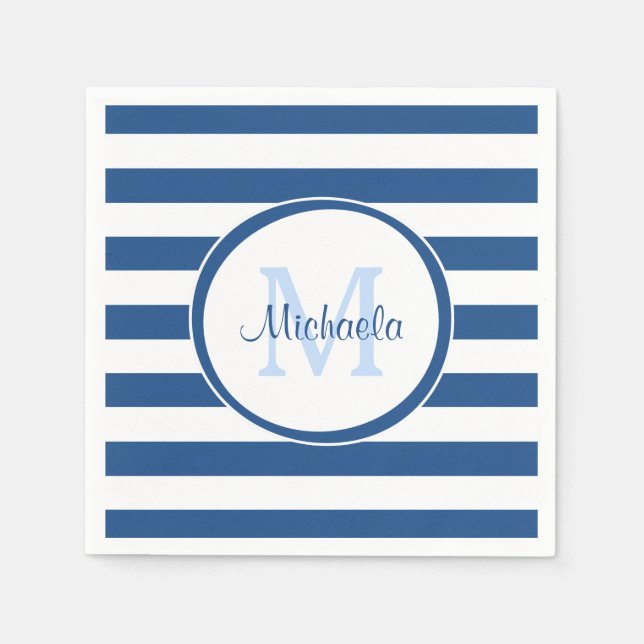 Hip Rich Blue Monogram and Horizontal Stripes Paper Napkins (Front)