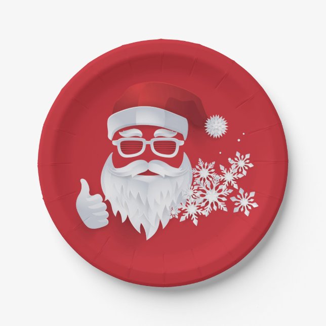 Hip Santa Claus Papercut on Red Christmas Paper Plates (Front)