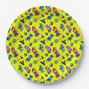 Hip spooky witch Halloween party supplies yellow Paper Plates