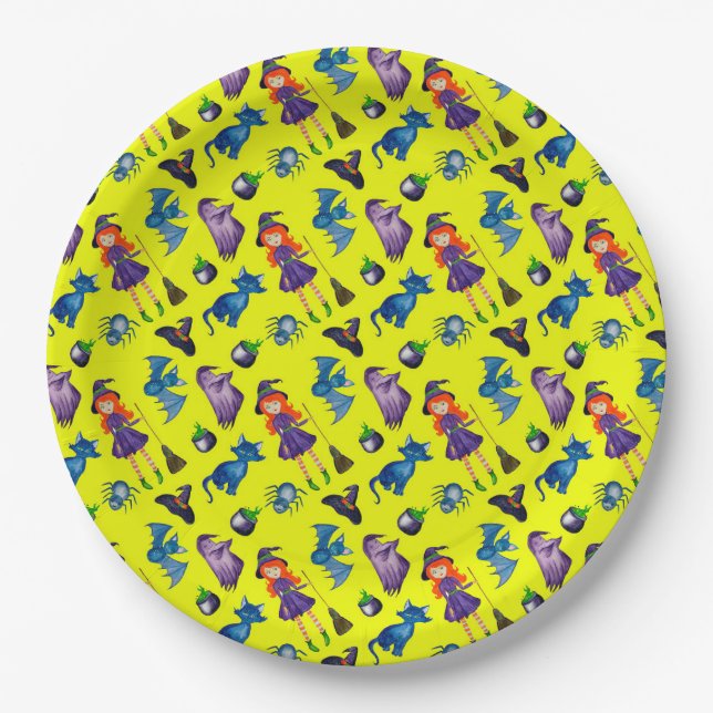 Hip spooky witch Halloween party supplies yellow Paper Plates (Front)