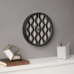 Hip Taupe Beige Sand Gray Ogee Black Waves Art Clock