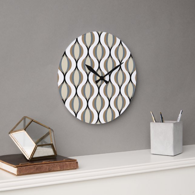 Hip Taupe Beige Sand Gray Ogee Black Waves Art Large Clock (Office)