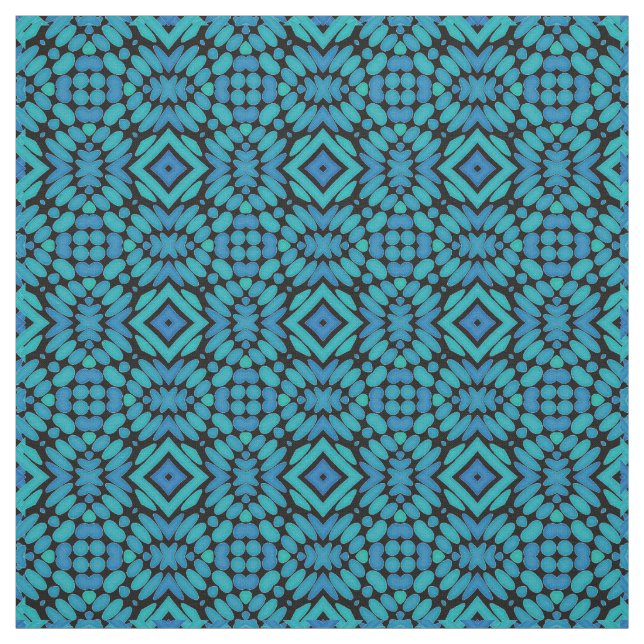 Hip Teal Blue Green Black Tribal Art Pattern Fabric (Swatch)