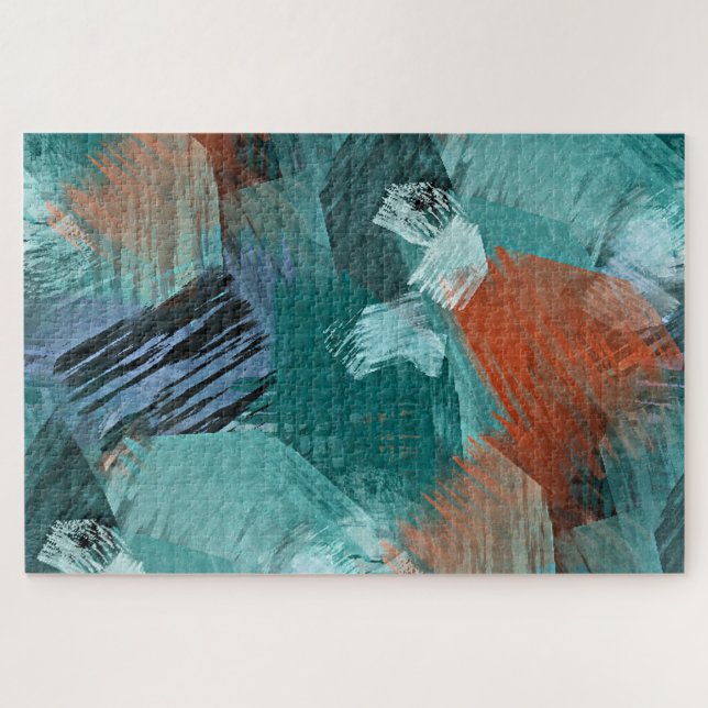Hip Teal Blue Mint Green Orange Brushstrokes Art Jigsaw Puzzle (Horizontal)