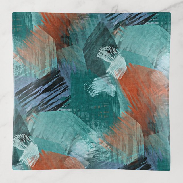 Hip Teal Blue Mint Green Orange Brushstrokes Art Trinket Tray (Front)