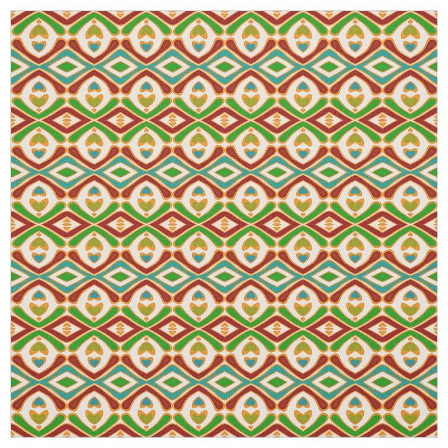 Hip Teal Blue Red Orange Green Tribal Art Pattern Fabric (Swatch)
