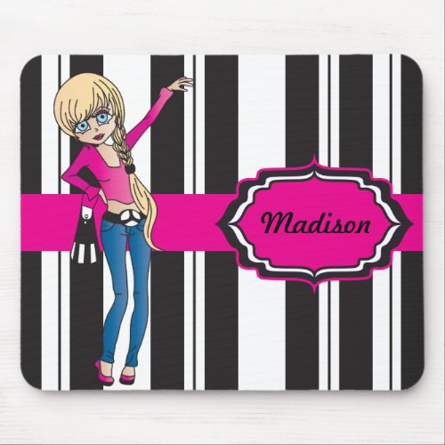 Hip Teen Girl with Black and White Stripes Mouse Pad