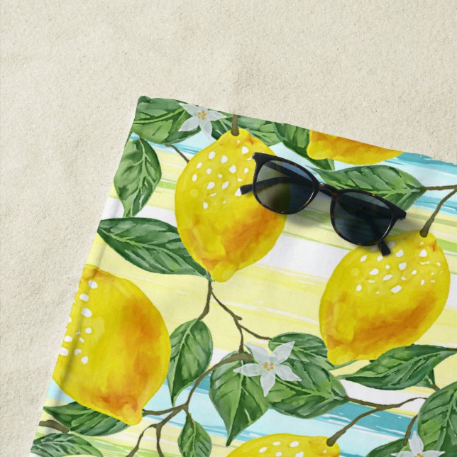 Hip Tropical Summer Lemons Fruit Pattern Beach Towel (In Situ)