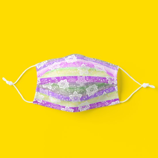 Hip White Floral On Pink Lime Green Purple Stripes Cloth Face Mask