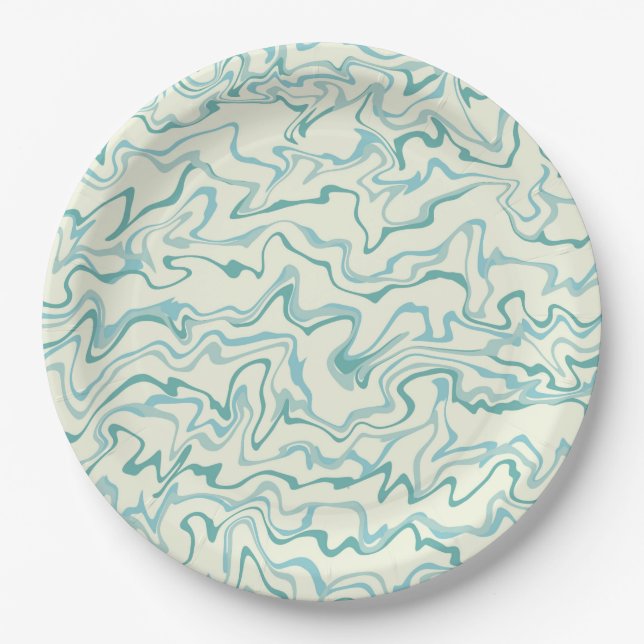 Hippie 70s Blue Marble Liquid Swirl Boho Pattern Paper Plates (Front)