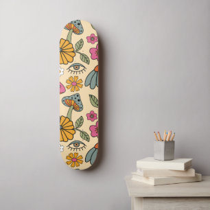 Hippie 70s Floral Mushroom Boho Floral Eye Pattern Skateboard