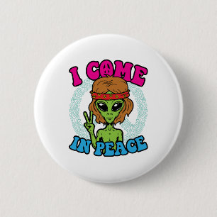 Hippie Alien I Come In Peace Trippy Peace Sign Button