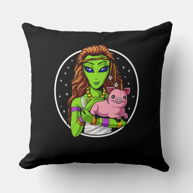 Hippie Alien Vegan Girl Throw Pillow (Front)