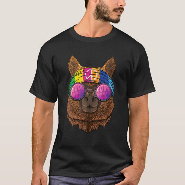 Hippie Alpaca Love Peace Sign 70S Hippie Mammal T-Shirt (Front)