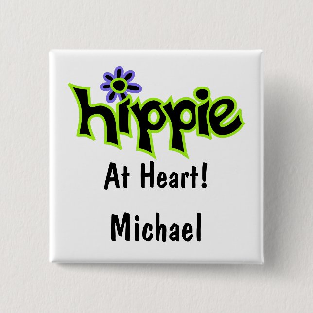 Hippie at Heart Black Lime Green Art Name Badge Button (Front)