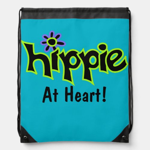 Hippie at Heart Black Lime Green Art Teal Custom Drawstring Bag