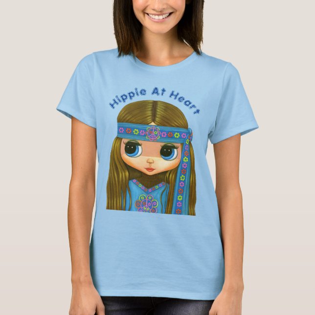 Hippie At Heart Cute Big Eye Blue Hippie Chick T-Shirt (Front)